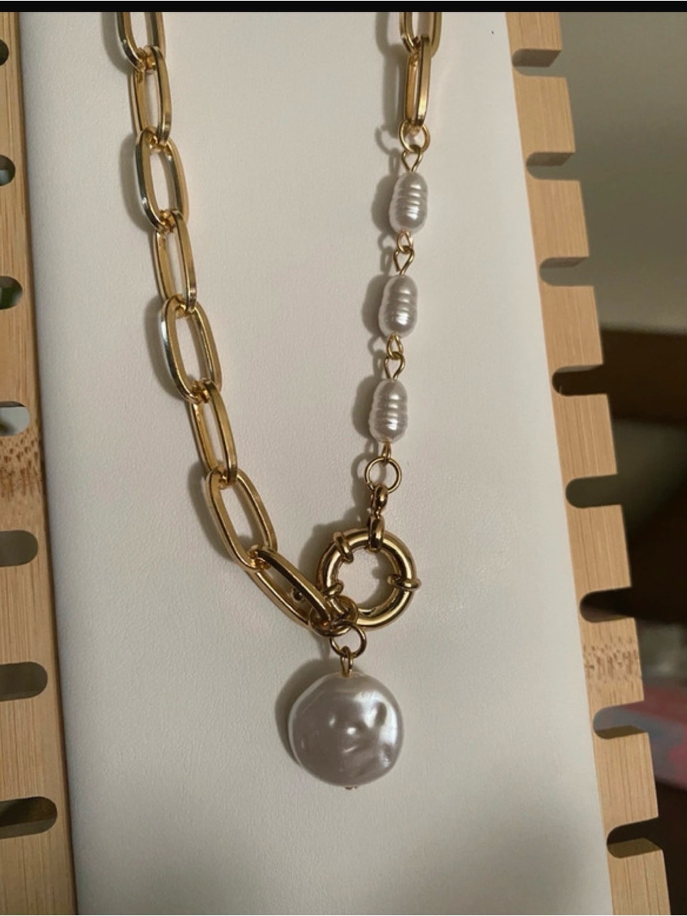 Gold Chain Necklace with White Pearl Drop - Women Jewelry